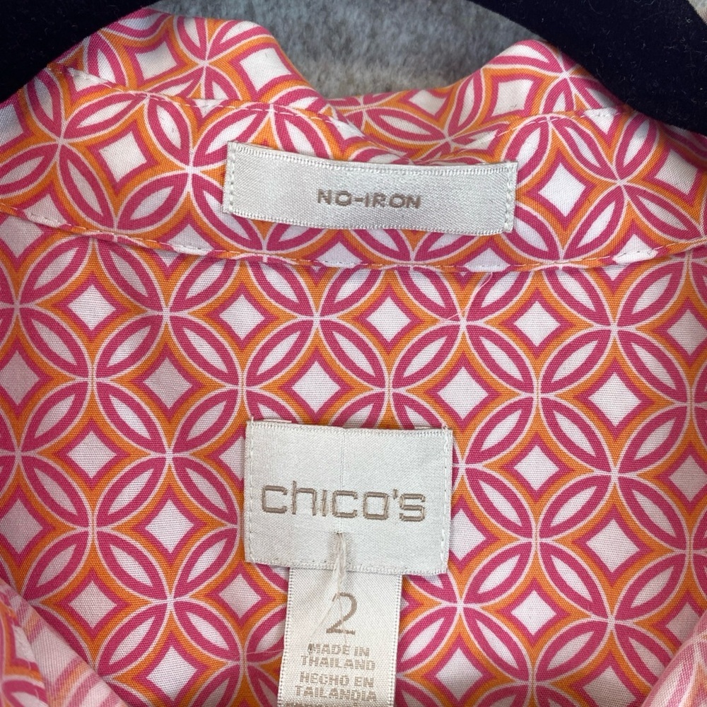 CHICO'S Button Down 3/4th Sleeve Shirt pink & orange Size 2 (US 12) non iron - Picture 2 of 8